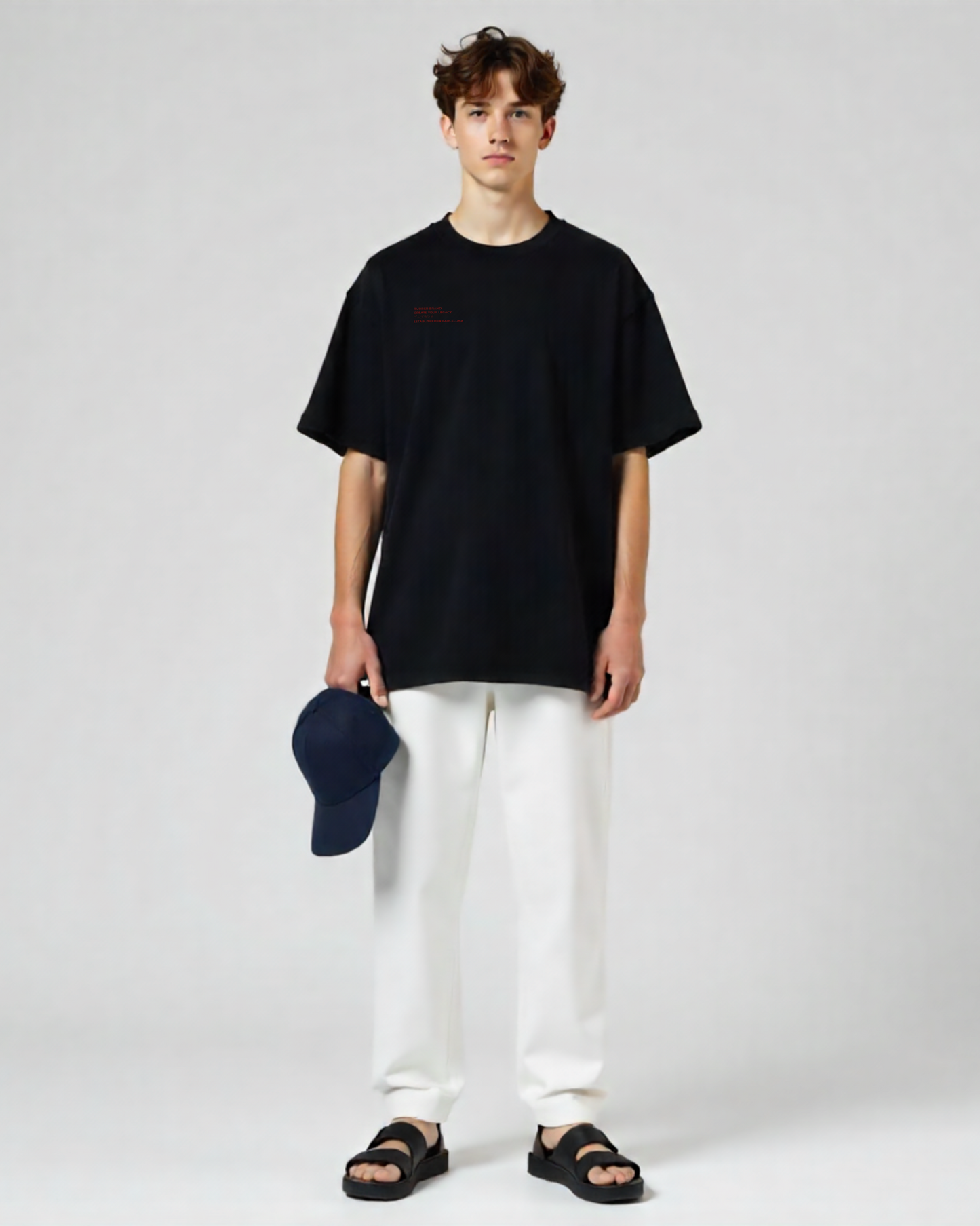 "Camiseta streetwear oversized color negra con diseño gráfico rubber brand."
