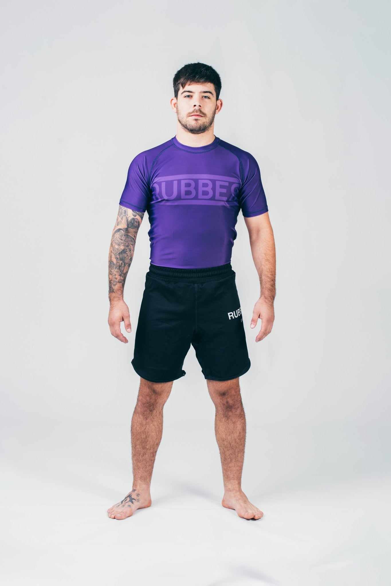 Conjunto No Gi Double Line morado Rubber Brand – Rashguard y shorts grappling BJJ