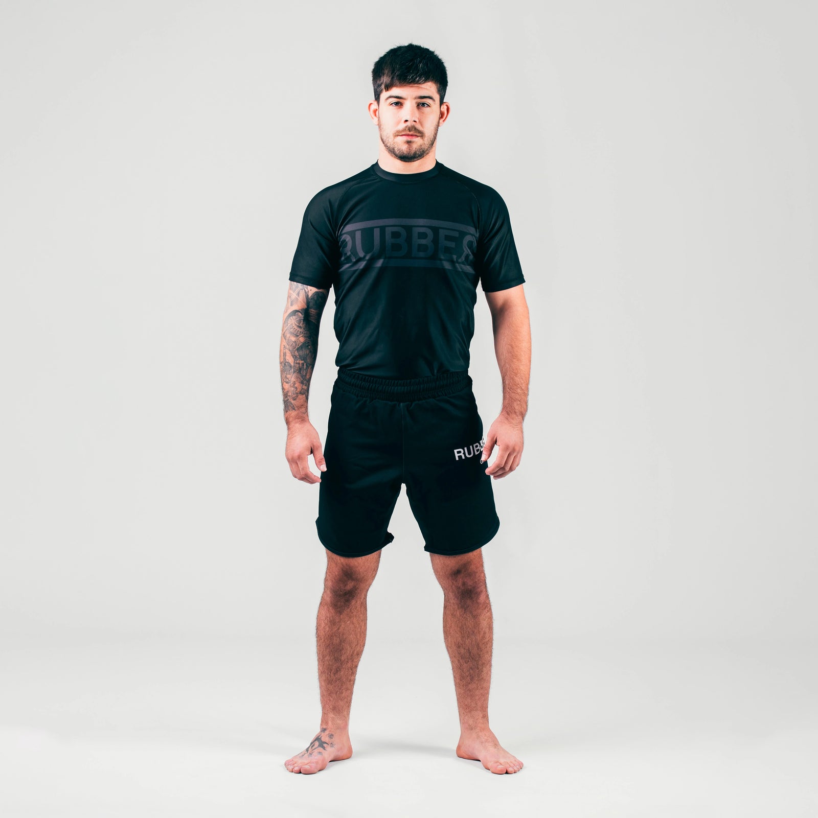 Conjunto No Gi Double Line negro Rubber Brand – Rashguard y shorts BJJ grappling