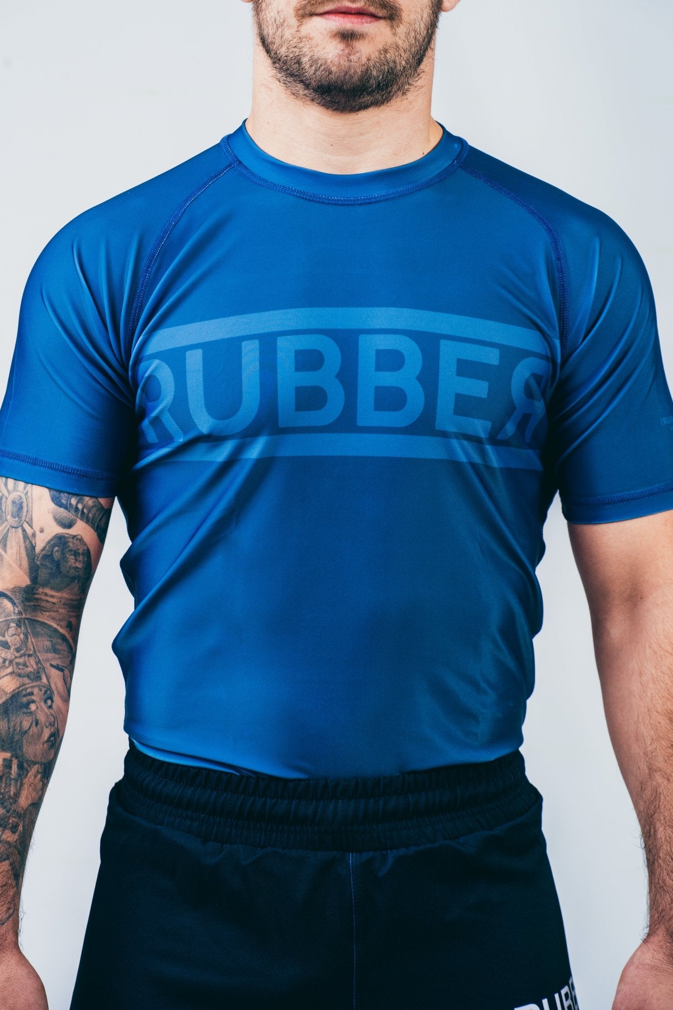 Rashguard Double Line azul vista lateral – Rubber Brand no gi performance